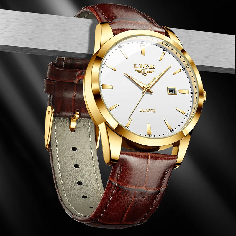 LIGE Brown Leather Men's Quartz Wristwatch