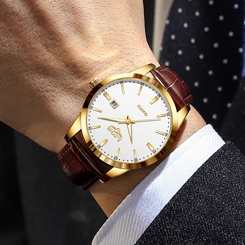 LIGE Brown Leather Men's Quartz Wristwatch
