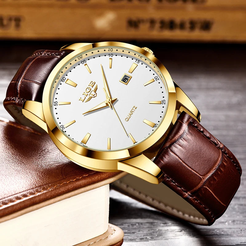 LIGE Brown Leather Men's Quartz Wristwatch