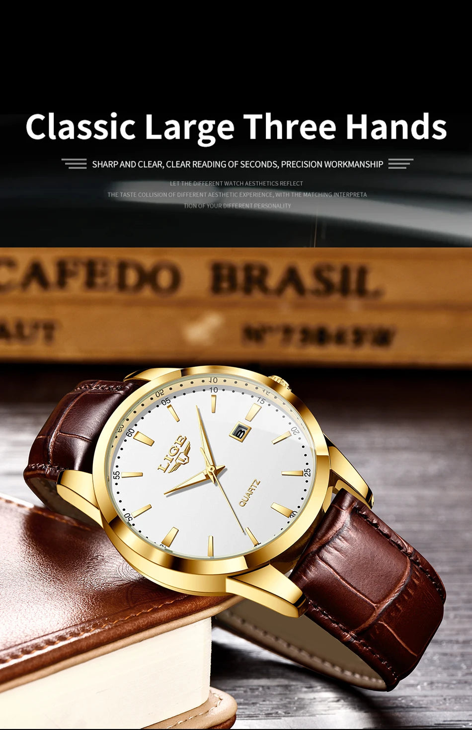 LIGE Brown Leather Men's Quartz Wristwatch