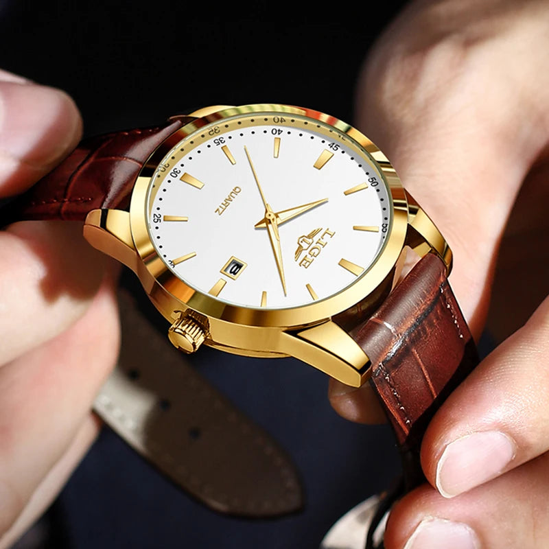 LIGE Brown Leather Men's Quartz Wristwatch