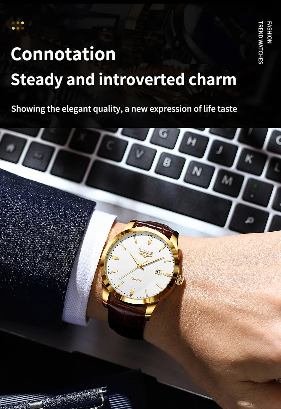 LIGE Brown Leather Men's Quartz Wristwatch