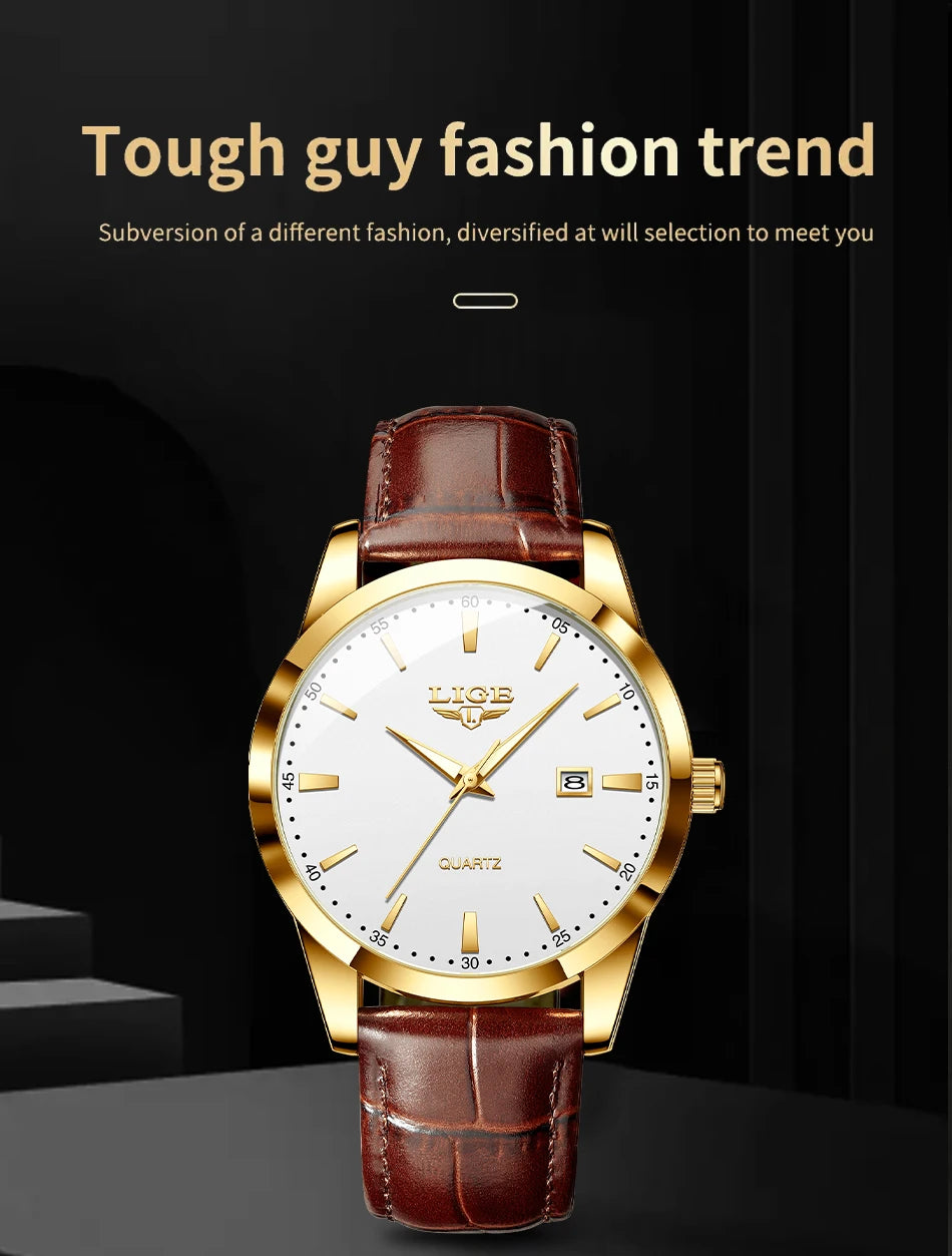 LIGE Brown Leather Men's Quartz Wristwatch