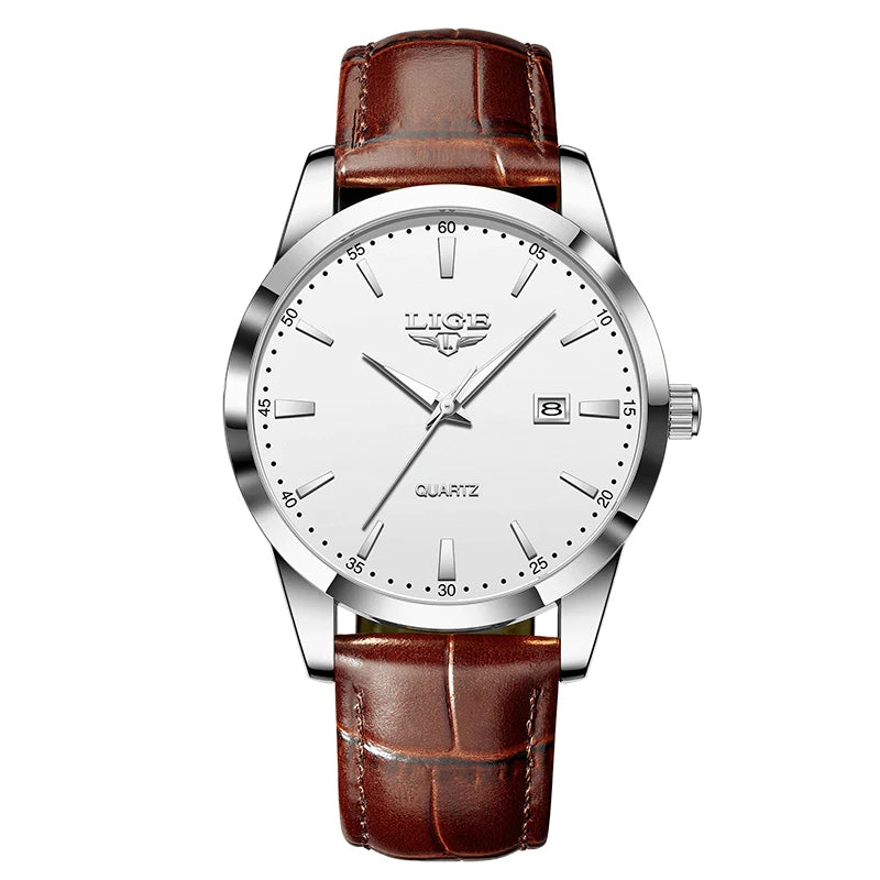 LIGE Brown Leather Men's Quartz Wristwatch