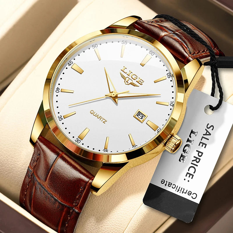 LIGE Brown Leather Men's Quartz Wristwatch