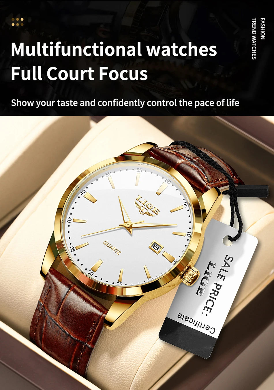 LIGE Brown Leather Men's Quartz Wristwatch
