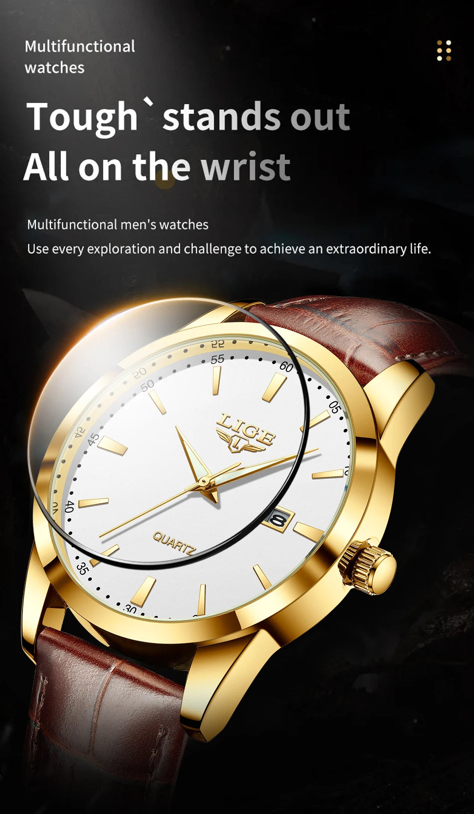 LIGE Brown Leather Men's Quartz Wristwatch