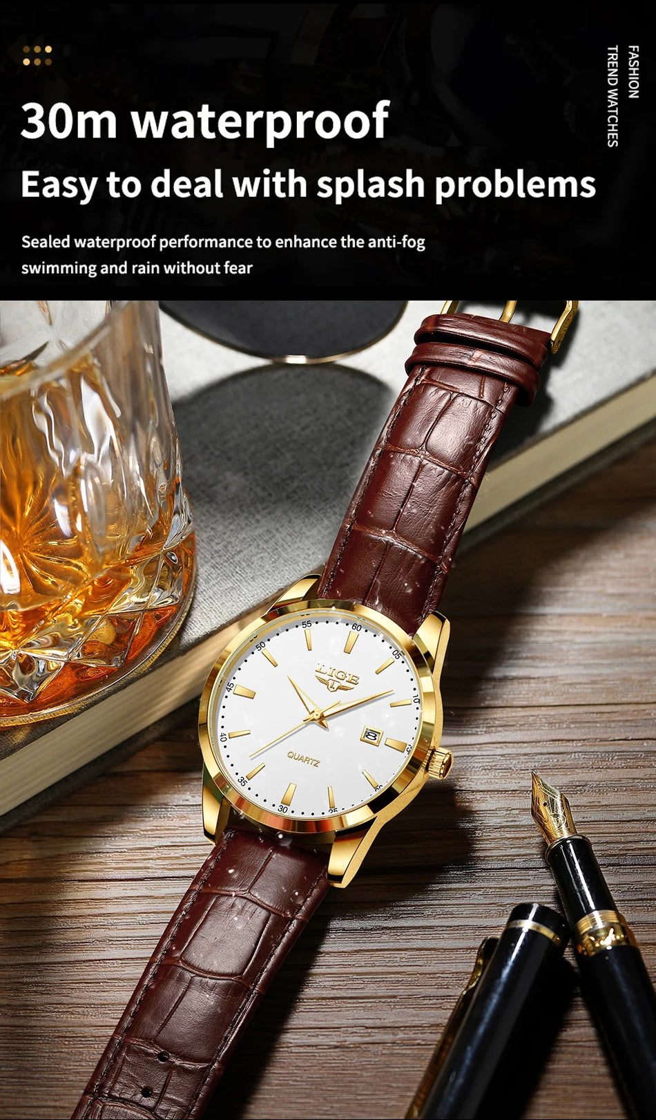 LIGE Brown Leather Men's Quartz Wristwatch