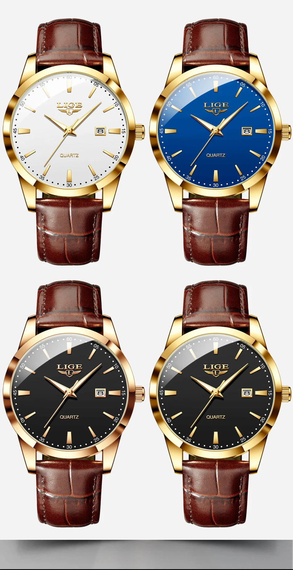 LIGE Brown Leather Men's Quartz Wristwatch