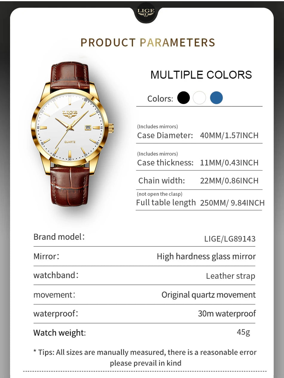 LIGE Brown Leather Men's Quartz Wristwatch
