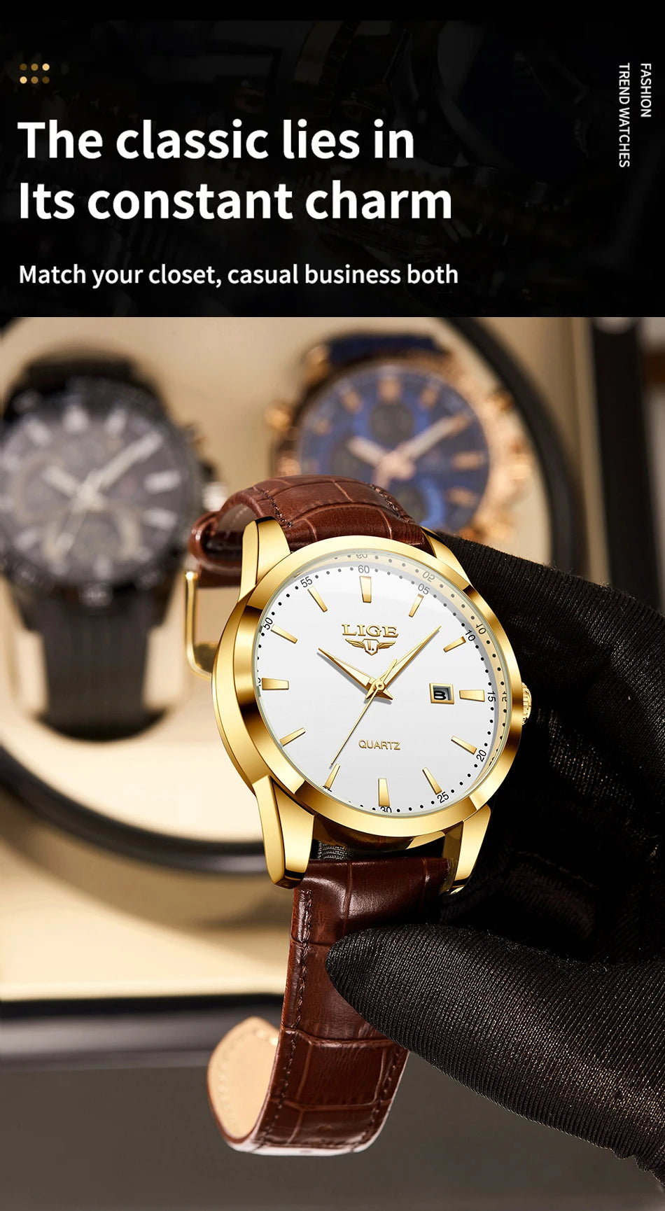 LIGE Brown Leather Men's Quartz Wristwatch